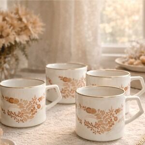 VTG Mikasa Eastwind Bone China Mugs Set 4 Japan Floral Gold Trim 70s Coffee Tea